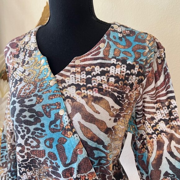 Y2K Asymmetrical Zebra & Cheetah Print Flowy V-Neck Top Brown Blue - Picture 2 of 11